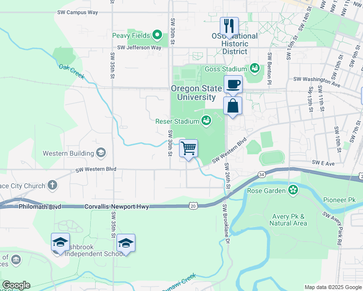 map of restaurants, bars, coffee shops, grocery stores, and more near 820 Southwest Grove Street in Corvallis