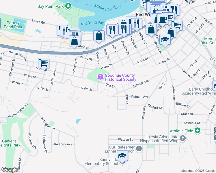 map of restaurants, bars, coffee shops, grocery stores, and more near 1131 Oak Street in Red Wing