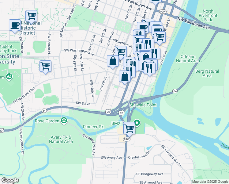 map of restaurants, bars, coffee shops, grocery stores, and more near 730 Southwest 5th Street in Corvallis