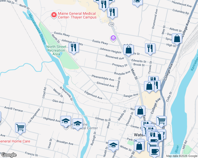 map of restaurants, bars, coffee shops, grocery stores, and more near 37 Pleasantdale Avenue in Waterville