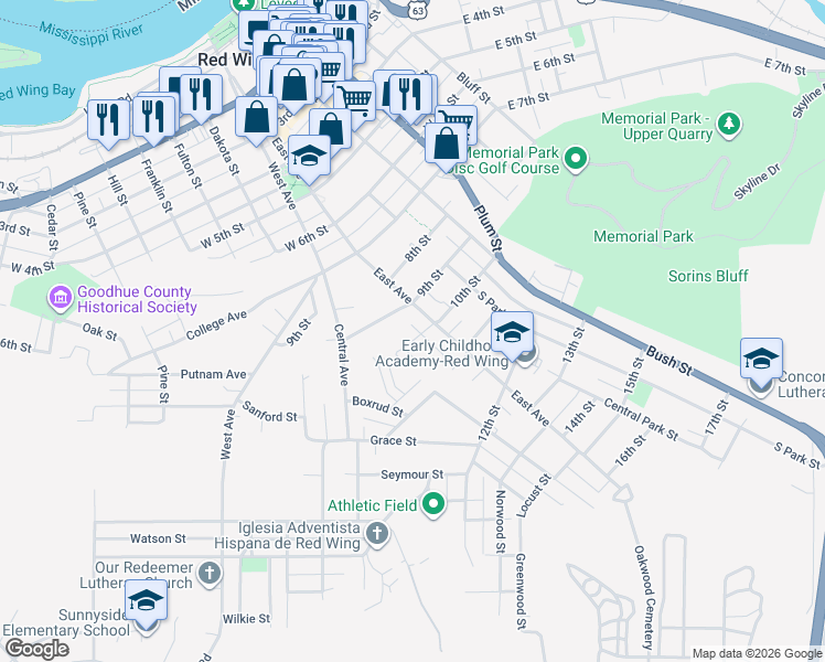 map of restaurants, bars, coffee shops, grocery stores, and more near 517 9th Street in Red Wing