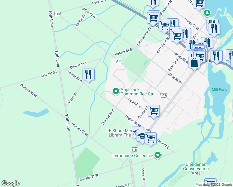 map of restaurants, bars, coffee shops, grocery stores, and more near 150 Victoria Street South in Thornbury