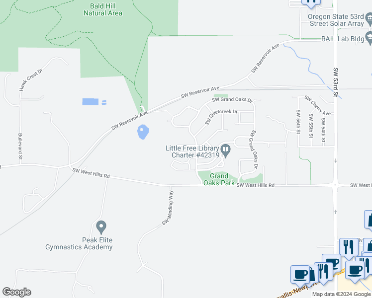 map of restaurants, bars, coffee shops, grocery stores, and more near 6298 Southwest Grand Oaks Drive in Corvallis