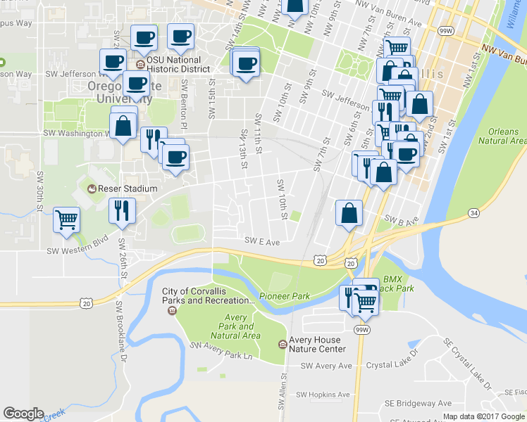 map of restaurants, bars, coffee shops, grocery stores, and more near 926 Southwest 11th Street in Corvallis