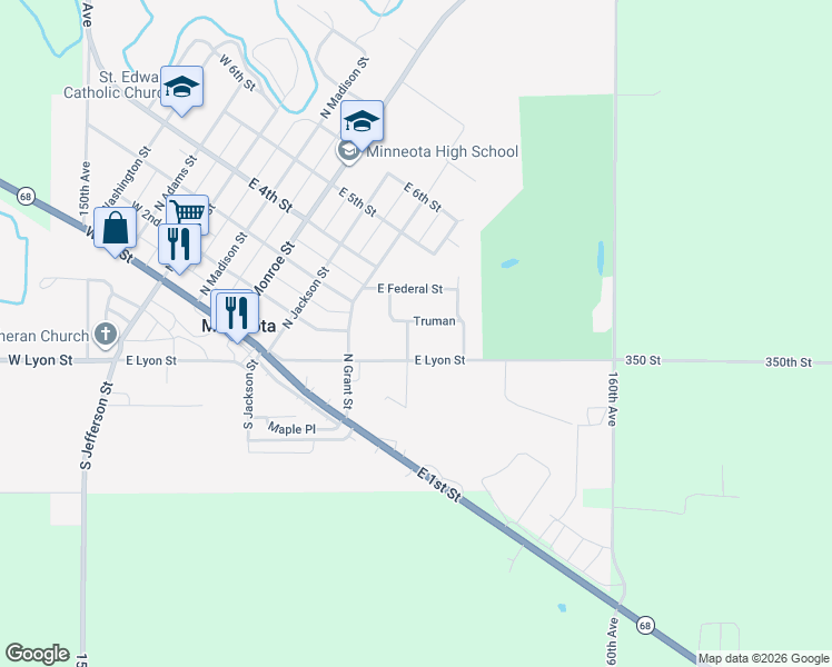 map of restaurants, bars, coffee shops, grocery stores, and more near 102 North Wilson Street in Minneota