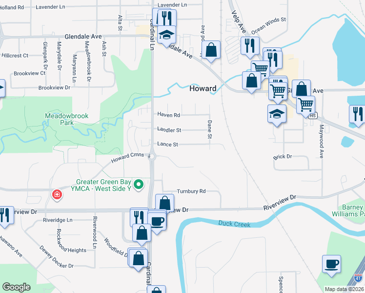map of restaurants, bars, coffee shops, grocery stores, and more near 2530 Lance Street in Green Bay