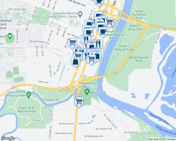 map of restaurants, bars, coffee shops, grocery stores, and more near 612 Southwest Western Boulevard in Corvallis