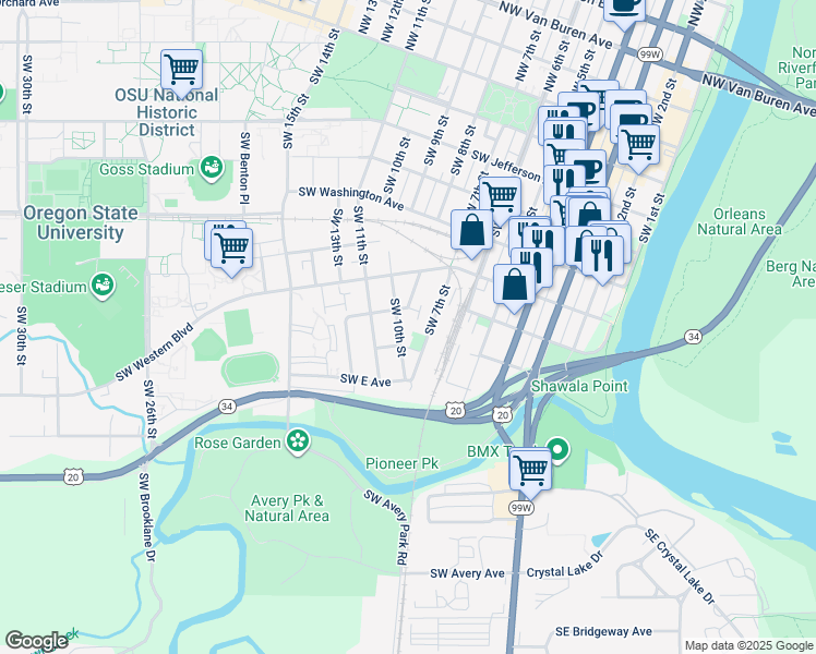 map of restaurants, bars, coffee shops, grocery stores, and more near 910 Southwest 10th Street in Corvallis