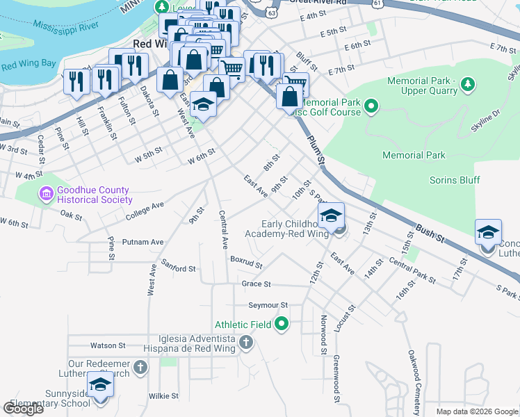 map of restaurants, bars, coffee shops, grocery stores, and more near 517 9th Street in Red Wing