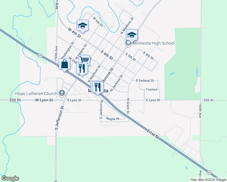 map of restaurants, bars, coffee shops, grocery stores, and more near 106 North Jackson Street in Minneota