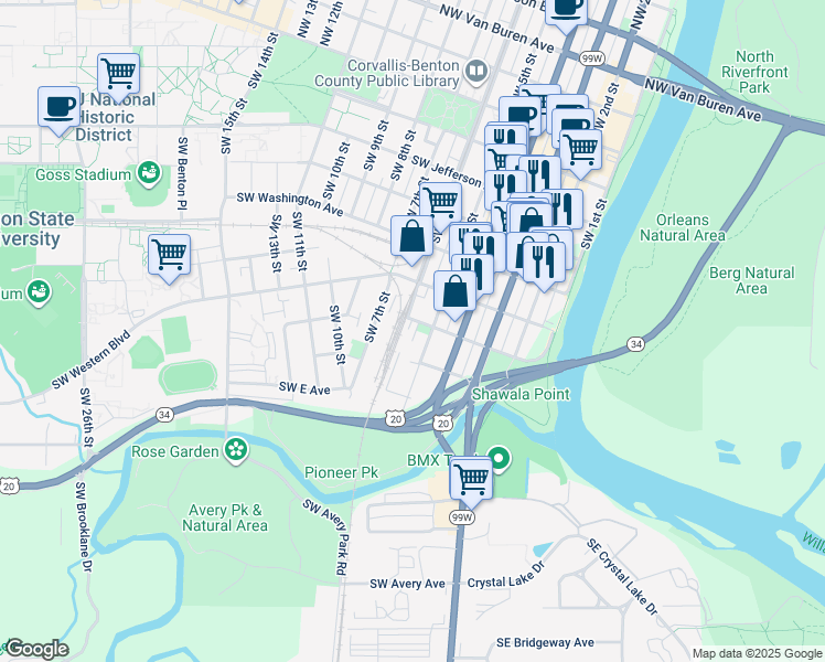 map of restaurants, bars, coffee shops, grocery stores, and more near 554 Southwest B Avenue in Corvallis
