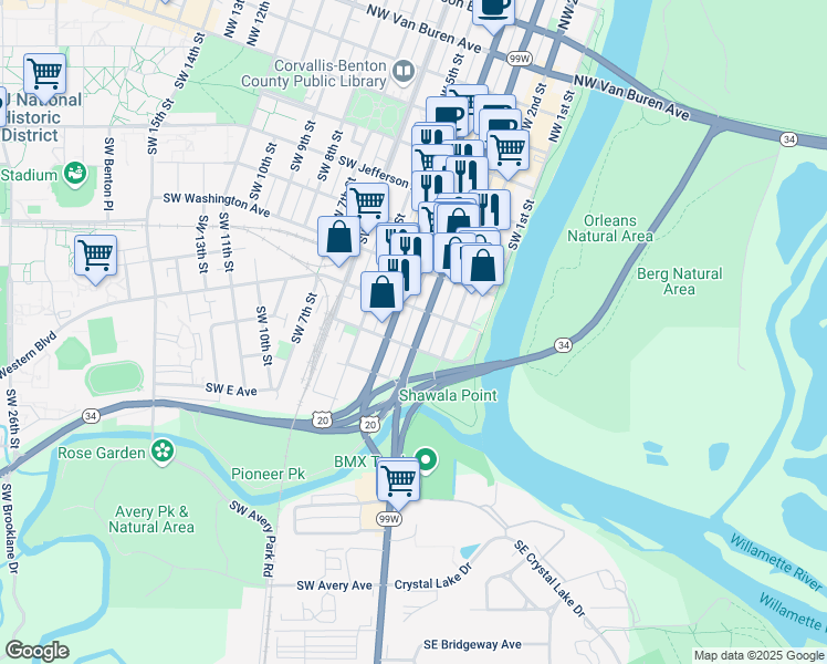 map of restaurants, bars, coffee shops, grocery stores, and more near 628 Southwest 3rd Street in Corvallis