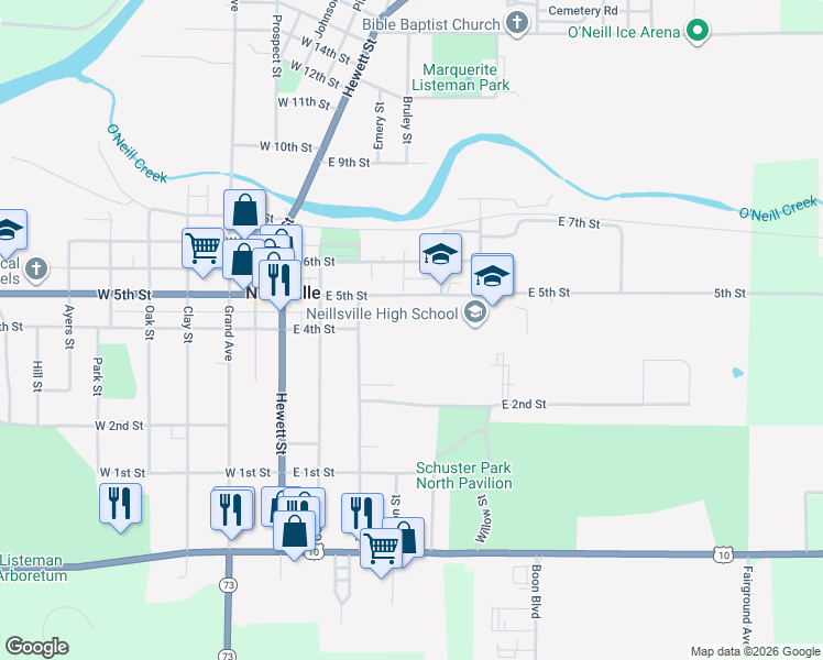 map of restaurants, bars, coffee shops, grocery stores, and more near 321 East 4th Street in Neillsville