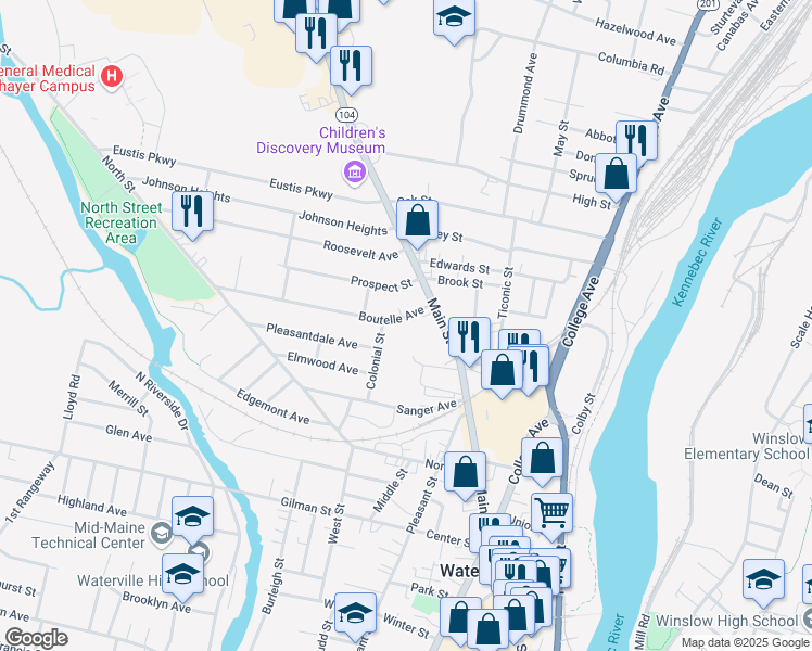 map of restaurants, bars, coffee shops, grocery stores, and more near 8 Boutelle Avenue in Waterville