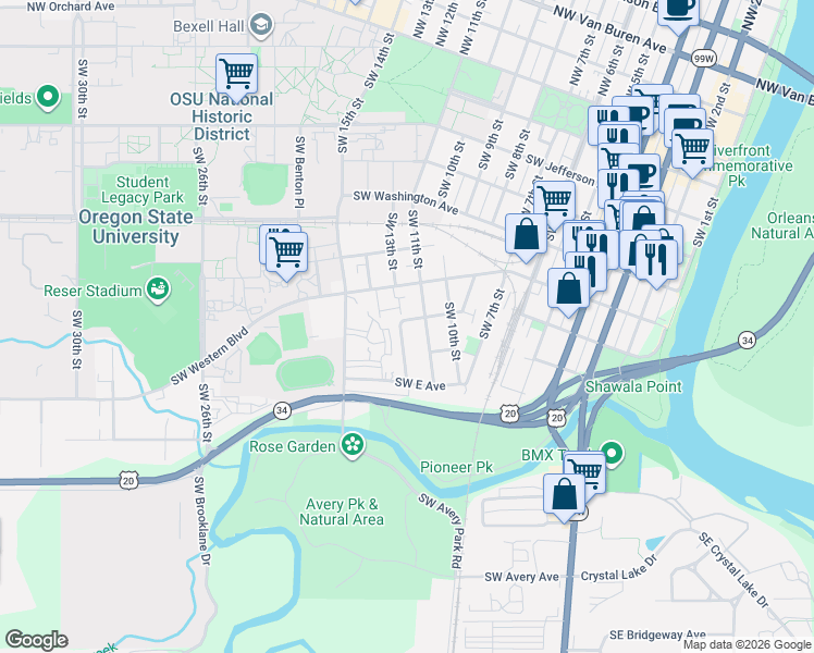 map of restaurants, bars, coffee shops, grocery stores, and more near 1154 Southwest C Avenue in Corvallis