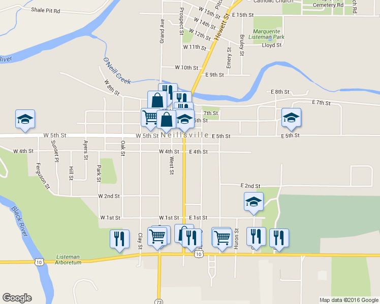 map of restaurants, bars, coffee shops, grocery stores, and more near 132 E 4th St in Neillsville