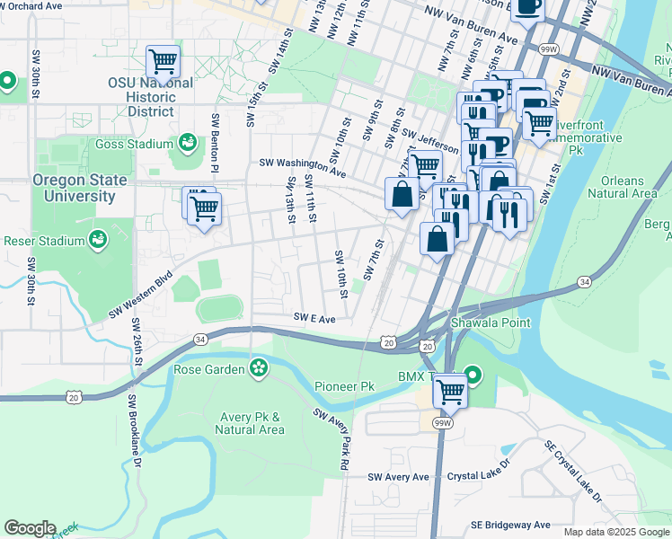 map of restaurants, bars, coffee shops, grocery stores, and more near 910 Southwest 10th Street in Corvallis