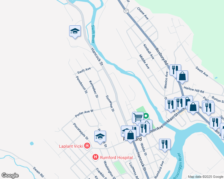 map of restaurants, bars, coffee shops, grocery stores, and more near 691 Hancock Street in Rumford