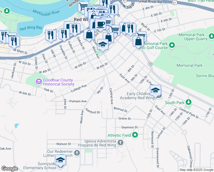map of restaurants, bars, coffee shops, grocery stores, and more near 808 Central Avenue in Red Wing