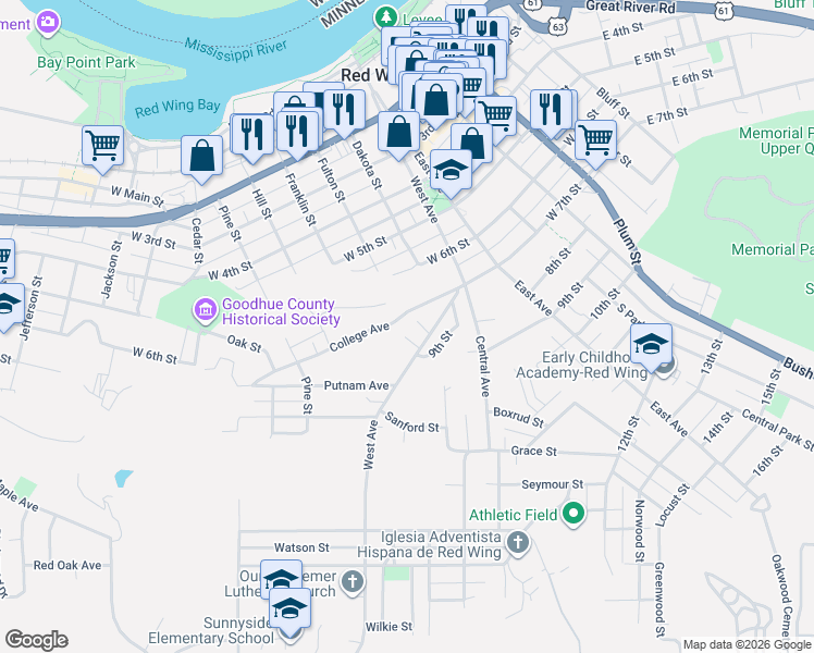 map of restaurants, bars, coffee shops, grocery stores, and more near 811 College Avenue in Red Wing