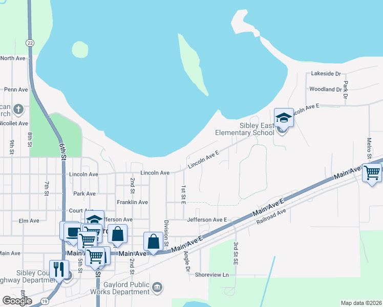map of restaurants, bars, coffee shops, grocery stores, and more near 105 Lake Avenue East in Gaylord