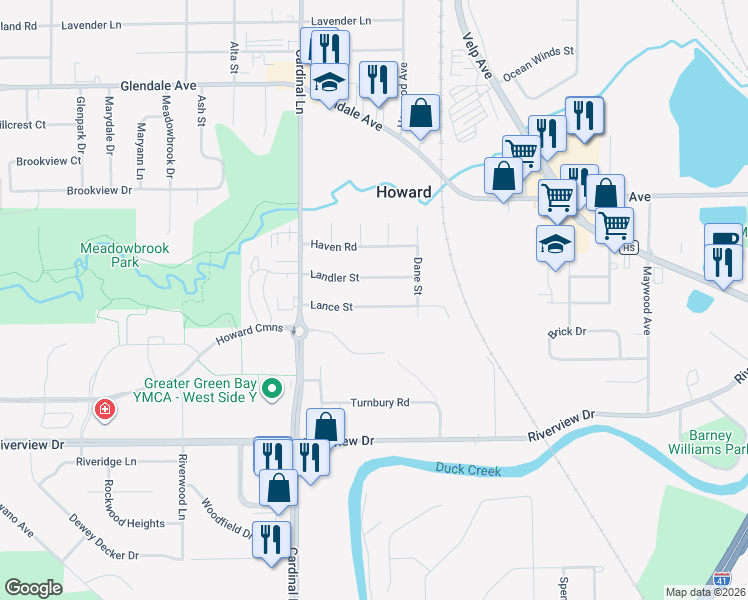 map of restaurants, bars, coffee shops, grocery stores, and more near 2530 Lance Street in Green Bay
