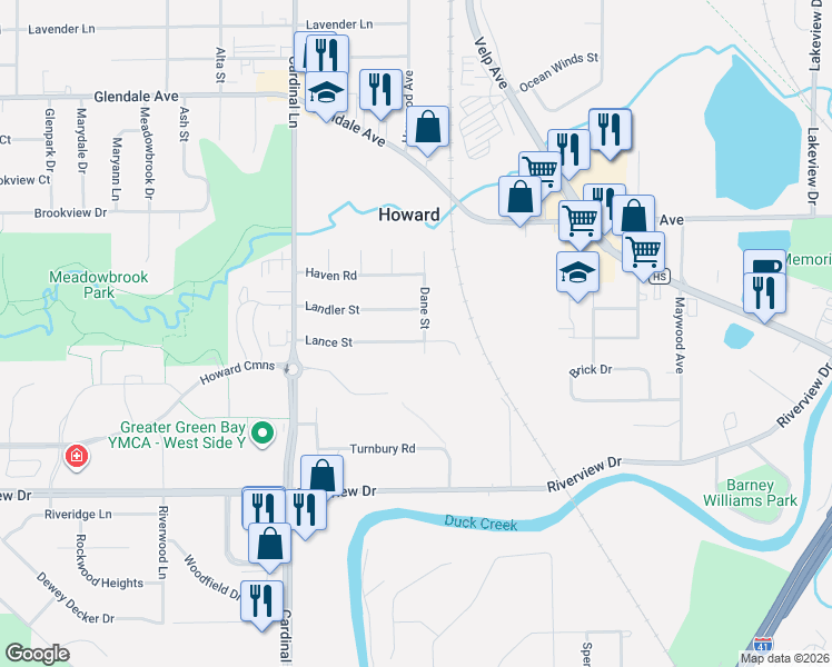 map of restaurants, bars, coffee shops, grocery stores, and more near 2504 Lance Street in Howard