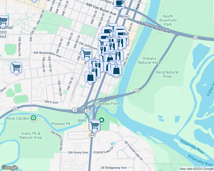 map of restaurants, bars, coffee shops, grocery stores, and more near 602 Southwest 2nd Street in Corvallis