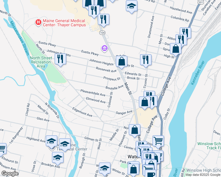map of restaurants, bars, coffee shops, grocery stores, and more near 18 Boutelle Avenue in Waterville
