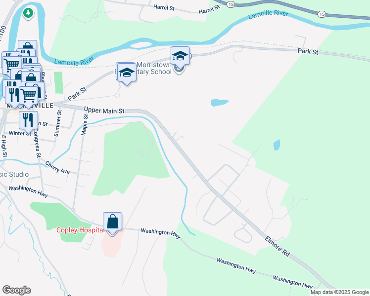map of restaurants, bars, coffee shops, grocery stores, and more near 723 Elmore Road in Morristown