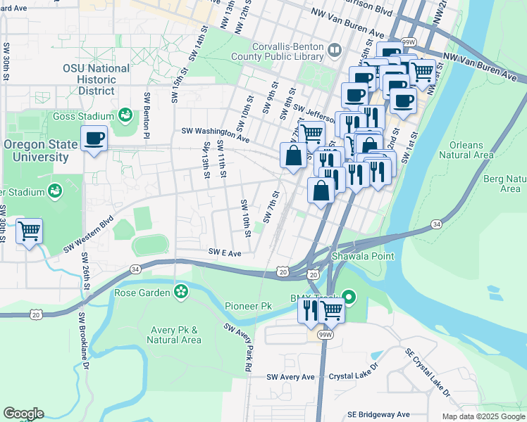 map of restaurants, bars, coffee shops, grocery stores, and more near 750 Southwest C Avenue in Corvallis