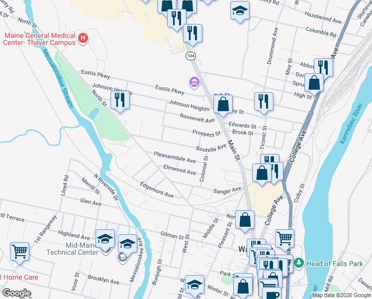 map of restaurants, bars, coffee shops, grocery stores, and more near 32 Boutelle Avenue in Waterville