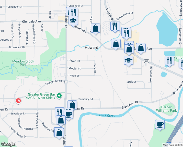 map of restaurants, bars, coffee shops, grocery stores, and more near 2504 Lance Street in Green Bay