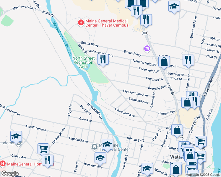 map of restaurants, bars, coffee shops, grocery stores, and more near 2 Riverview Street in Waterville