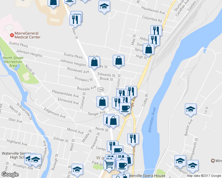 map of restaurants, bars, coffee shops, grocery stores, and more near 19 Hillside Ave in Waterville