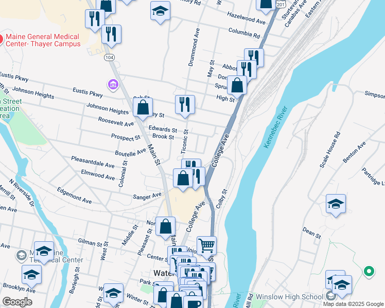 map of restaurants, bars, coffee shops, grocery stores, and more near 22 Alden Street in Waterville