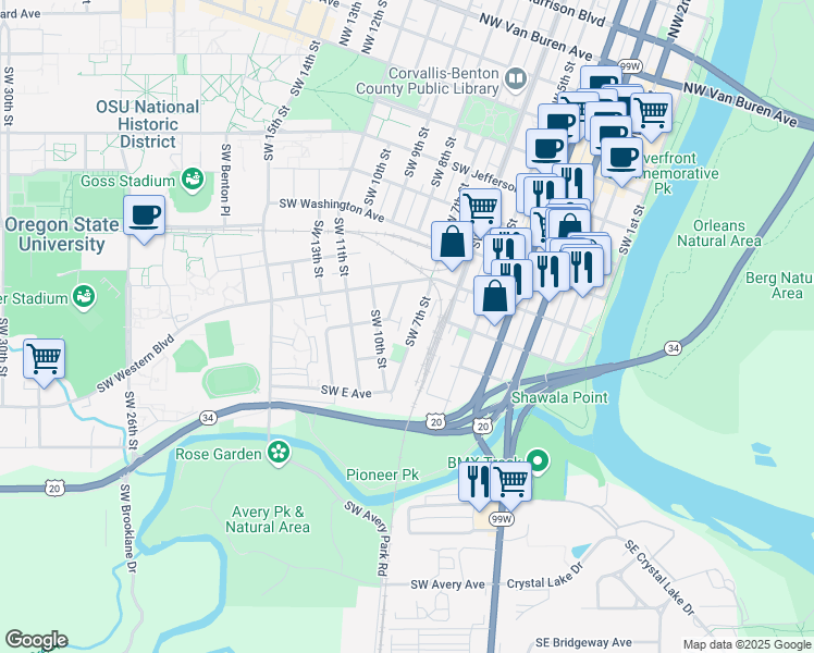 map of restaurants, bars, coffee shops, grocery stores, and more near 750 SW C Ave in Corvallis