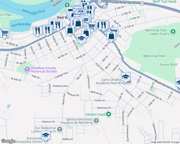 map of restaurants, bars, coffee shops, grocery stores, and more near 544 9th Street in Red Wing