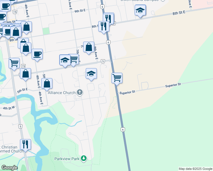 map of restaurants, bars, coffee shops, grocery stores, and more near 850 Superior Street in Owen Sound