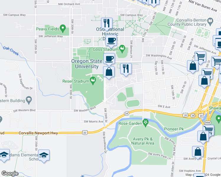 map of restaurants, bars, coffee shops, grocery stores, and more near 875 Southwest 26th Street in Corvallis