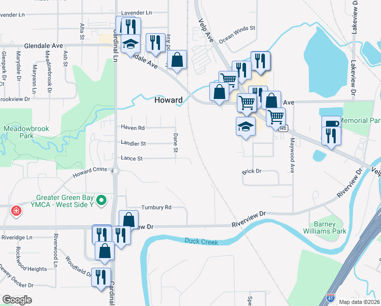 map of restaurants, bars, coffee shops, grocery stores, and more near 2486 Lance Street in Green Bay