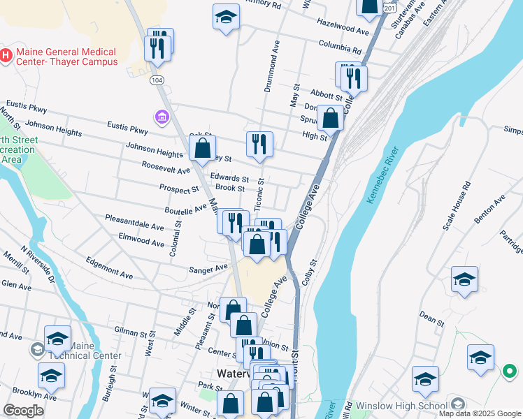 map of restaurants, bars, coffee shops, grocery stores, and more near 22 Alden Street in Waterville