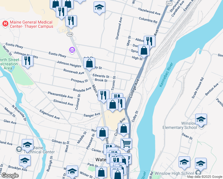 map of restaurants, bars, coffee shops, grocery stores, and more near 19 Hillside Avenue in Waterville