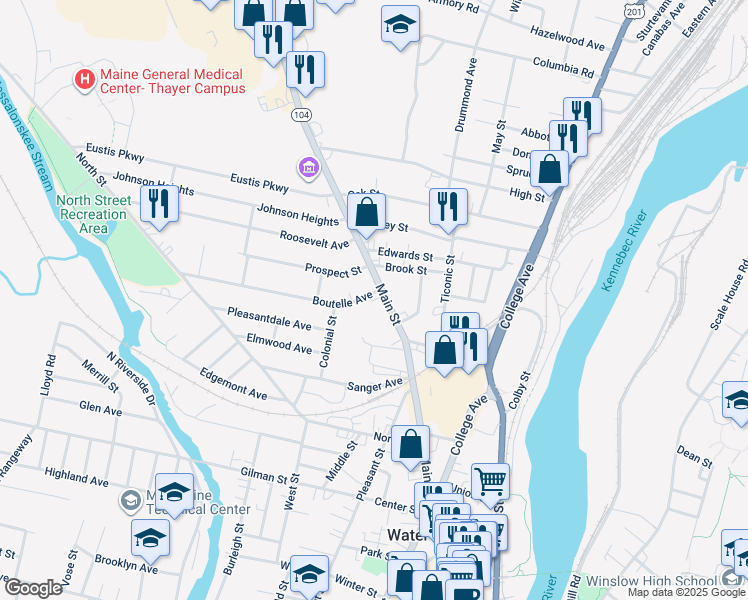 map of restaurants, bars, coffee shops, grocery stores, and more near 8 Boutelle Avenue in Waterville