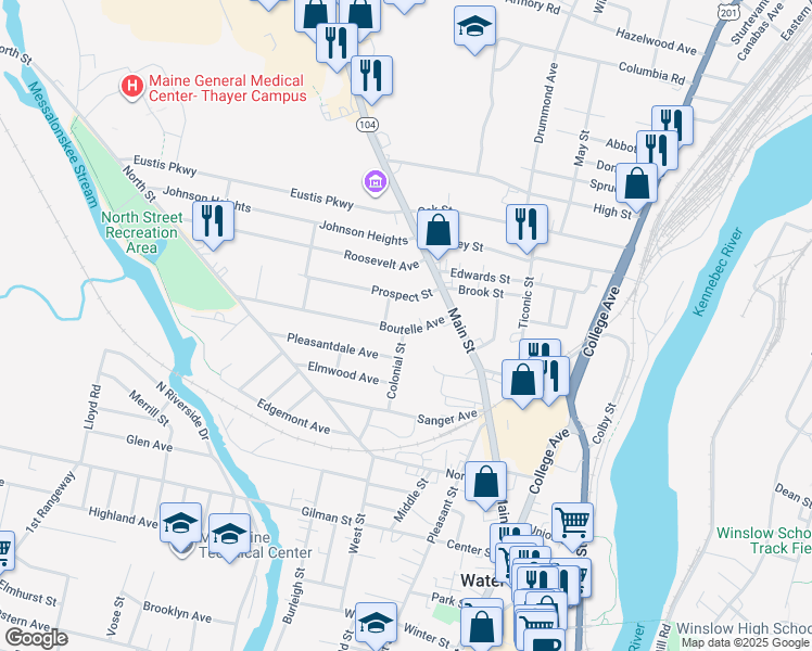 map of restaurants, bars, coffee shops, grocery stores, and more near 18 Boutelle Avenue in Waterville
