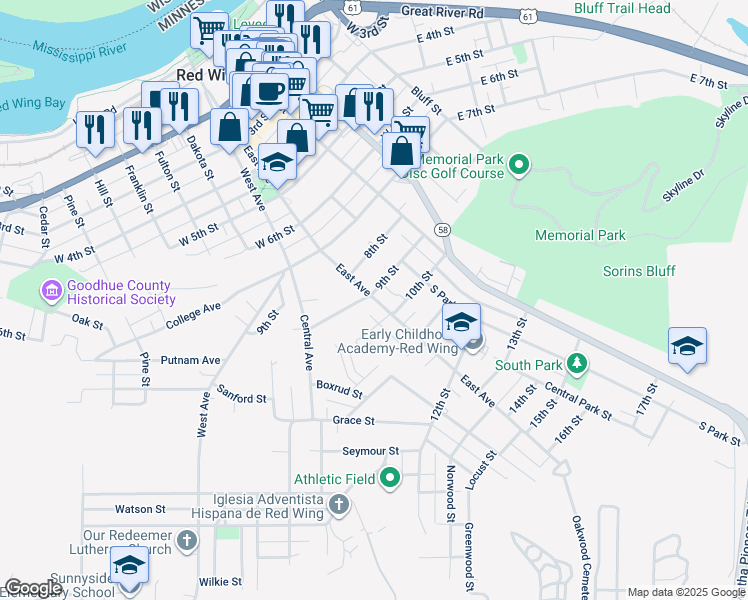map of restaurants, bars, coffee shops, grocery stores, and more near 517 9th Street in Red Wing