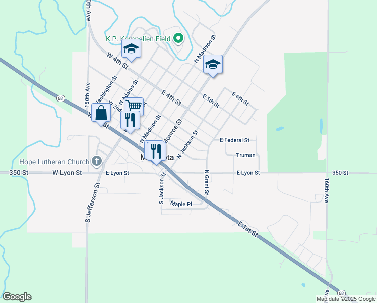 map of restaurants, bars, coffee shops, grocery stores, and more near 402 East 2nd Street in Minneota