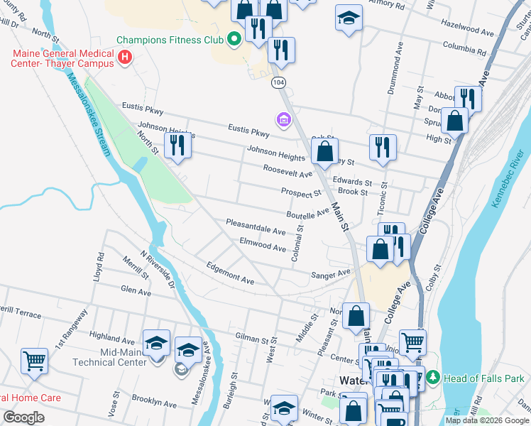map of restaurants, bars, coffee shops, grocery stores, and more near 32 Boutelle Avenue in Waterville