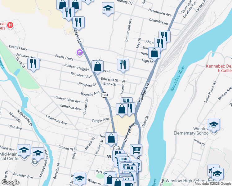 map of restaurants, bars, coffee shops, grocery stores, and more near 19 Hillside Avenue in Waterville