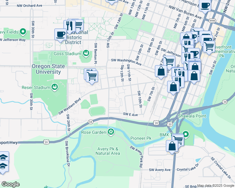 map of restaurants, bars, coffee shops, grocery stores, and more near 888 Southwest Maple Tree Drive in Corvallis